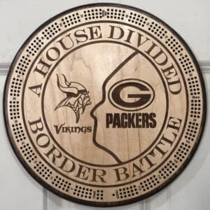 "House Divided, Border Battle" MN Vikings & Green Bay Packers Cribbage Board | 3-Track, 120-Point Round Game with Pegs & Cards