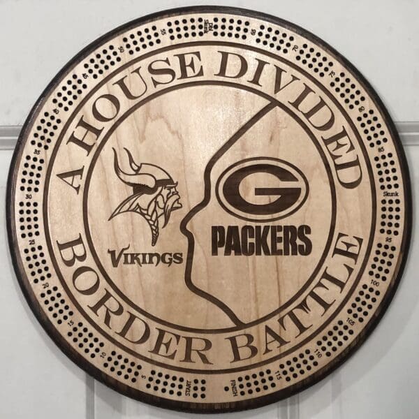 "House Divided, Border Battle" MN Vikings & Green Bay Packers Cribbage Board | 3-Track, 120-Point Round Game with Pegs & Cards