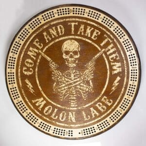 "Come and Take Them"  "Molan Labe" Spartan Pirate Cribbage Board | 3-Track, 120-Point Round Game with Pegs & Cards