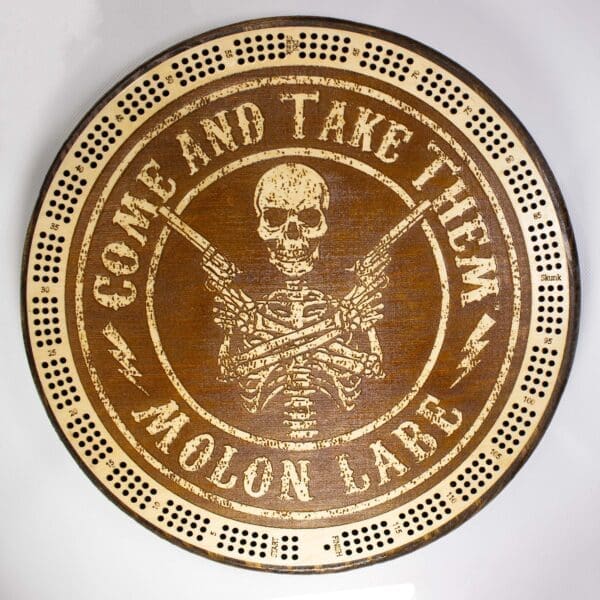 "Come and Take Them"  "Molan Labe" Spartan Pirate Cribbage Board | 3-Track, 120-Point Round Game with Pegs & Cards
