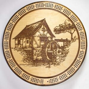 Water Wheel Grain Cribbage Board | 3-Track, 120-Point Round Game with Pegs & Cards