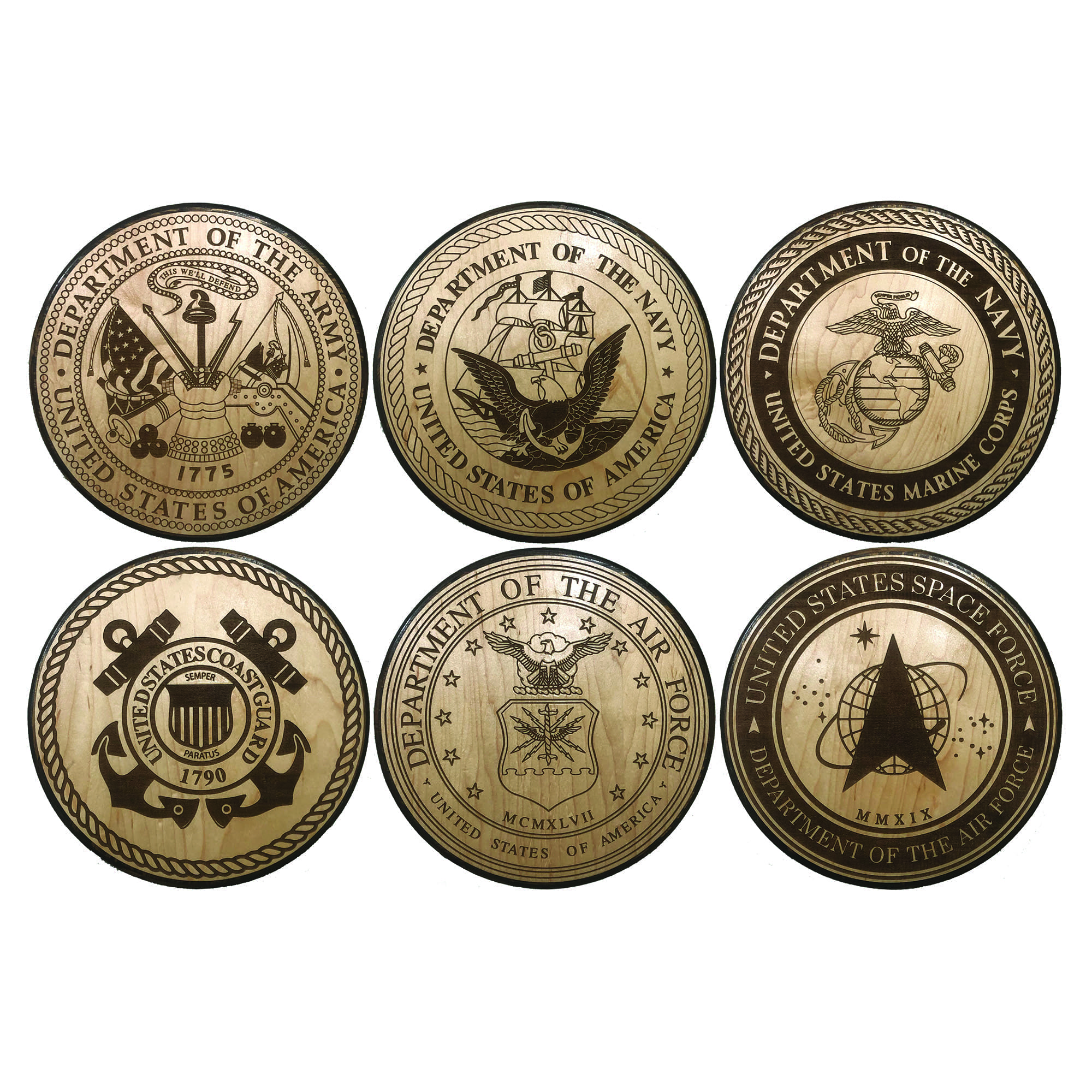 6pc. Official United States Military  Branch Emblem Plaque Set (Dark Backer)