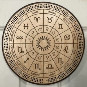 Astrology Wheel Cribbage Board | 3-Track, 120-Point Round Game with Pegs & Cards