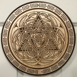 Celtic Knot Merkabah Sacred Geometry Cribbage Board | 3-Track, 120-Point Round Game with Pegs & Cards