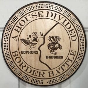 "House Divided, Border Battle" MN Gophers & WI Badgers NCAA College Cribbage Board | 3-Track, 120-Point Round Game with Pegs & Cards