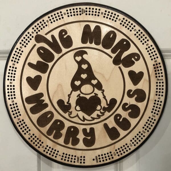 "Love More, Worry Less" Heart Gnome Cribbage Board | 3-Track, 120-Point Round Game with Pegs & Cards