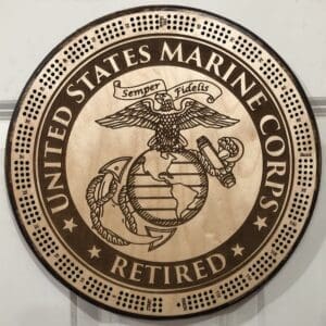 US Marine Corps - RETIRED Cribbage Board | 3-Track, 120-Point Round Game with Pegs & Cards