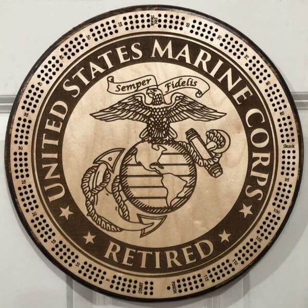 US Marine Corps - RETIRED Cribbage Board | 3-Track, 120-Point Round Game with Pegs & Cards