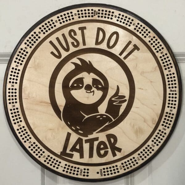 "Just Do It Later" Cute Sloth Funny Cribbage Board | 3-Track, 120-Point Round Game with Pegs & Cards