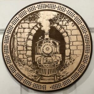 Train Tunnel Cribbage Board | 3-Track, 120-Point Round Game with Pegs & Cards