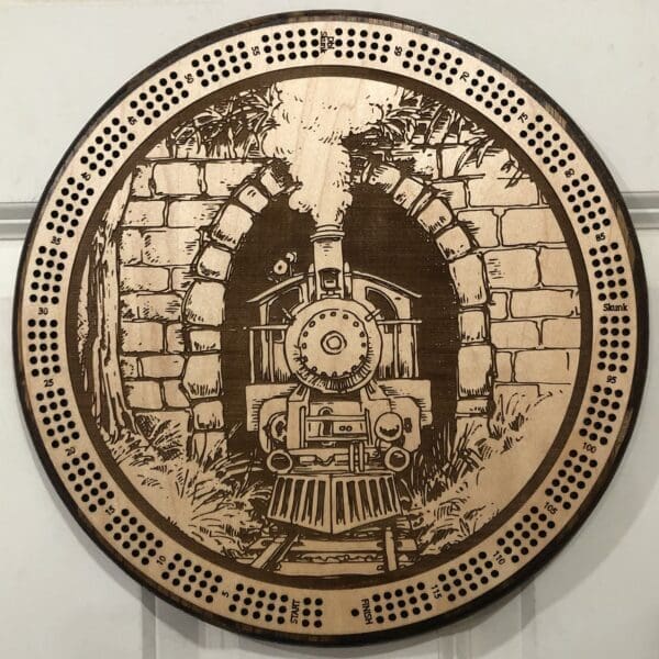 Train Tunnel Cribbage Board | 3-Track, 120-Point Round Game with Pegs & Cards