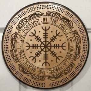 "In the Halls of Valhalla the Brave Shall Live Forever" Nordic Cribbage Board | 3-Track, 120-Point Round Game with Pegs & Cards