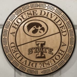 Iowa U, House Divided Cribbage Board | 3-Track, 120-Point Round Game with Pegs & Cards