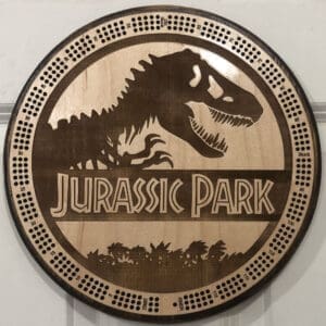 Jurassic Park cribbage board - round 3 track 120 points with pegs