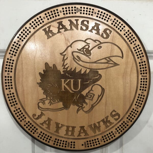 Kansas Jayhawks Cribbage Board | 3-Track, 120-Point Round Game with Pegs & Cards