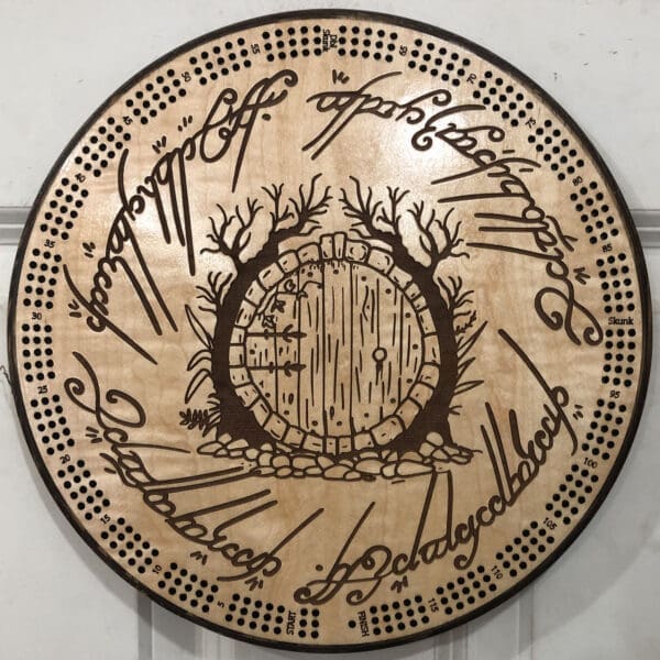 LOTR Bag End Door Cribbage Board | 3-Track, 120-Point Round Game with Pegs & Cards