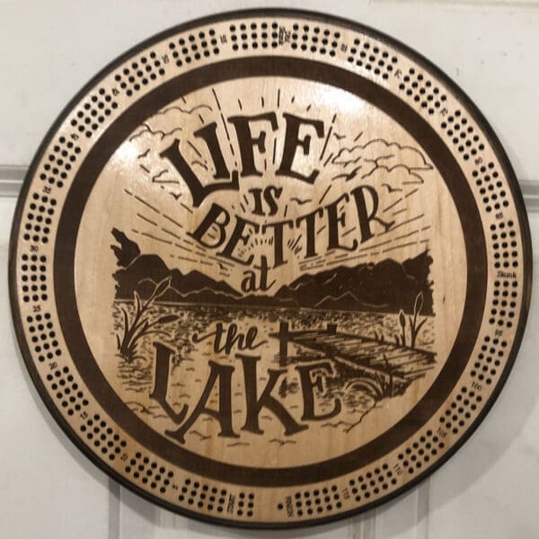 "Life is Better at the Lake" Cribbage Board | 3-Track, 120-Point Round Game with Pegs & Cards
