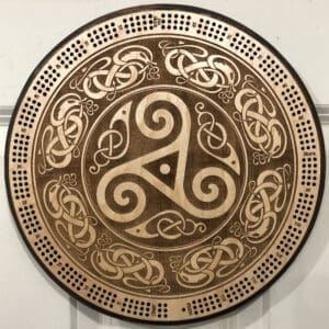 Celtic Triquetra Triskelion Cribbage Board | 3-Track, 120-Point Round Game with Pegs & Cards