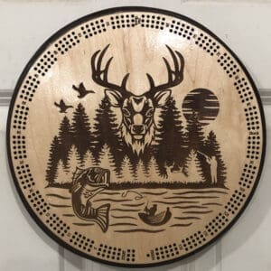 Deer and Lake Scene Cribbage Board | 3-Track, 120-Point Round Game with Pegs & Cards