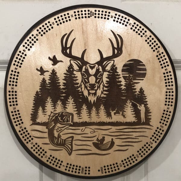 Deer and Lake Scene Cribbage Board | 3-Track, 120-Point Round Game with Pegs & Cards