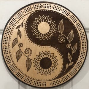 Sun Flower Yin-Yang Cribbage Board | 3-Track, 120-Point Round Game with Pegs & Cards
