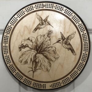 Hummingbirds and Hibiscus Cribbage Board | 3-Track, 120-Point Round Game with Pegs & Cards