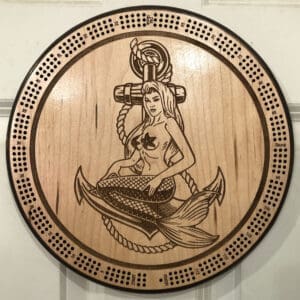 Anchor Mermaid Cribbage Board | 3-Track, 120-Point Round Game with Pegs & Cards