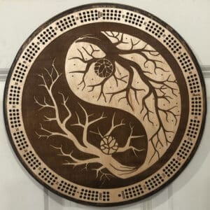 Lotus Pinecone Branch Yin-Yang Cribbage Board | 3-Track, 120-Point Round Game with Pegs & Cards