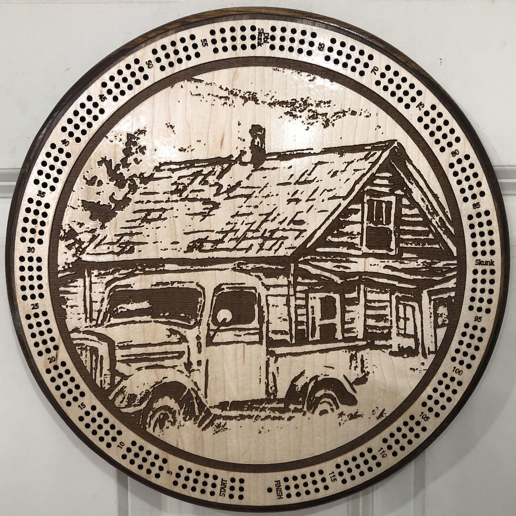 Old Homestead Cribbage Board | 3-Track, 120-Point Round Game with Pegs & Cards